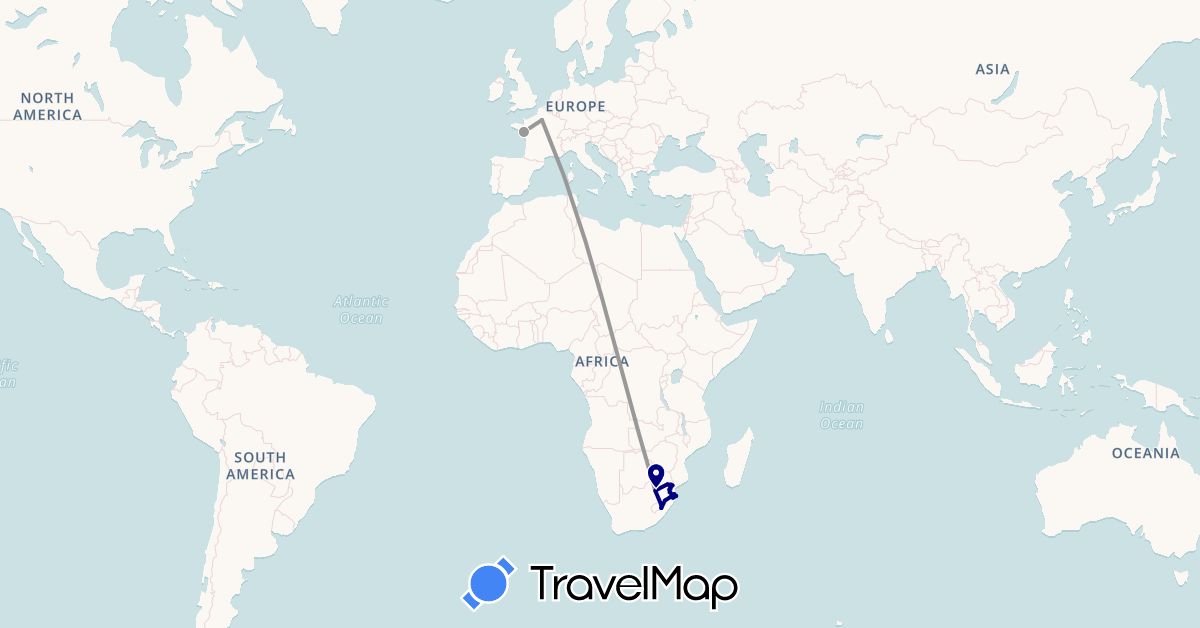 TravelMap itinerary: driving, plane in France, Swaziland, South Africa (Africa, Europe)
